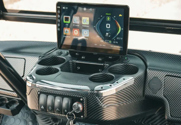 EPIC e40 digital touchscreen dash with navigation, charge status, and entertainment controls