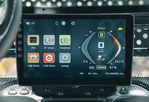 10-inch touchscreen display on EPIC e40L golf cart showing navigation, battery, and control settings