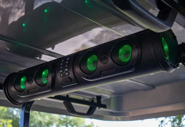 Marine-grade speaker system with LED accents mounted under canopy of EPIC e60L